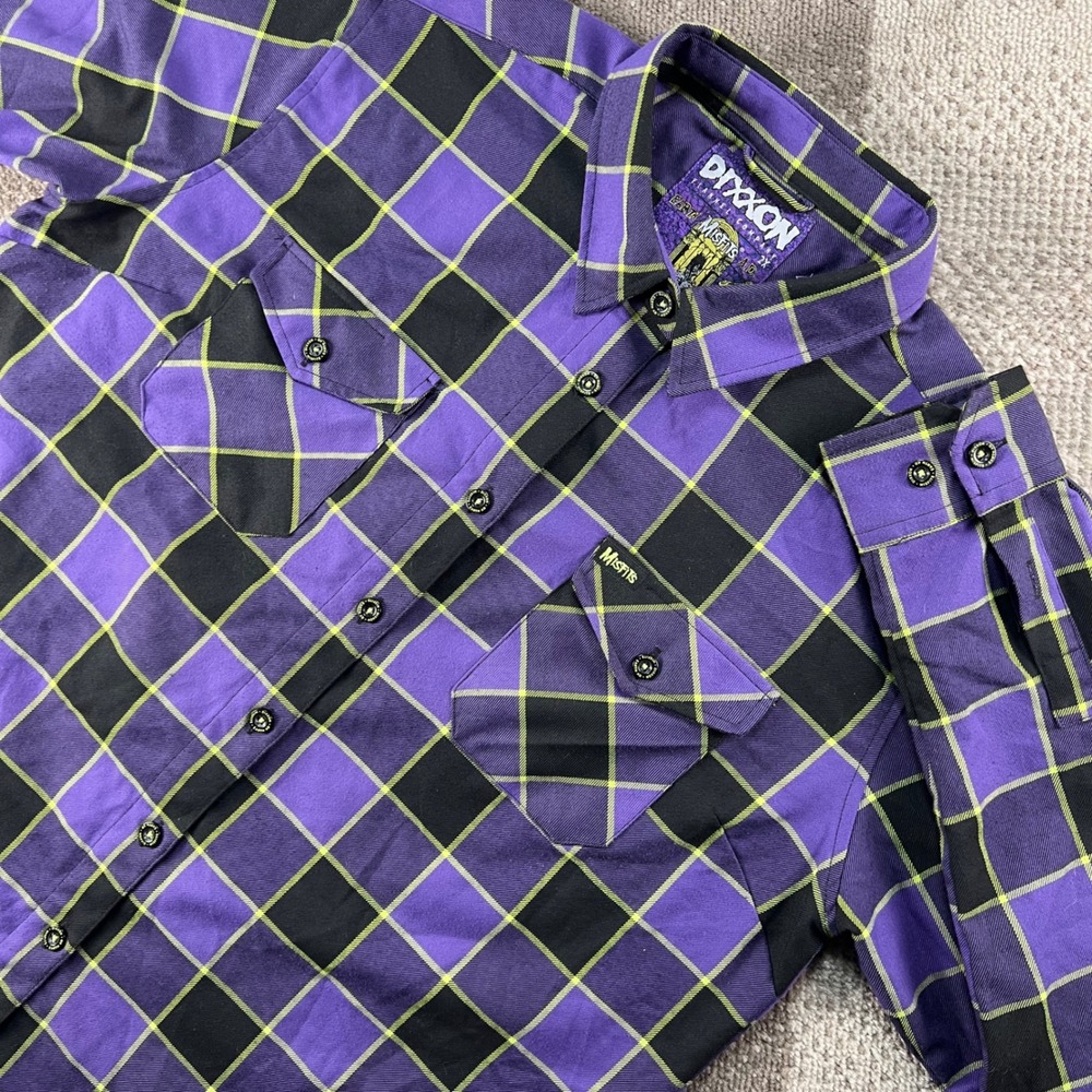 Dixxon Flannel Co Misfits Earth AD Purple Black Plaid Button Up Shirt Womens 2X